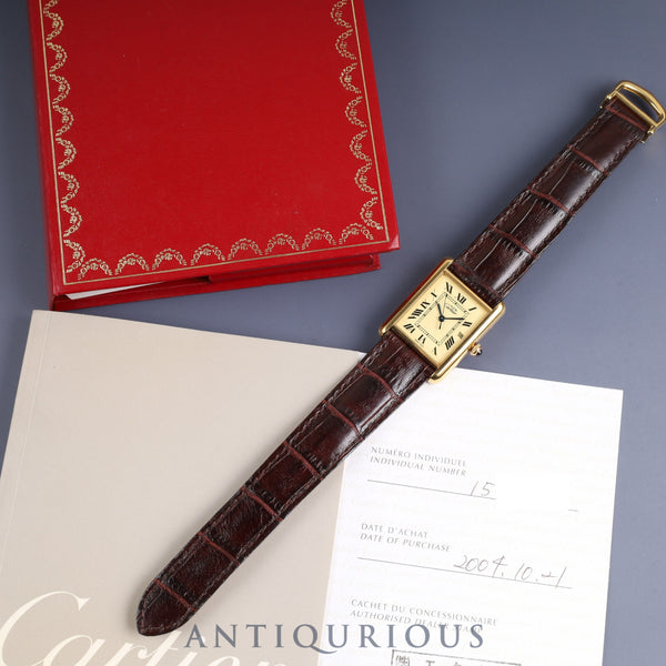 Cartier Must Tank GM (XL) W1017454 / 2413 Quartz Cal.687 SV925 Leather Genuine D-buckle (GP) Ivory Roman dial Warranty (2004) booklet Overhauled