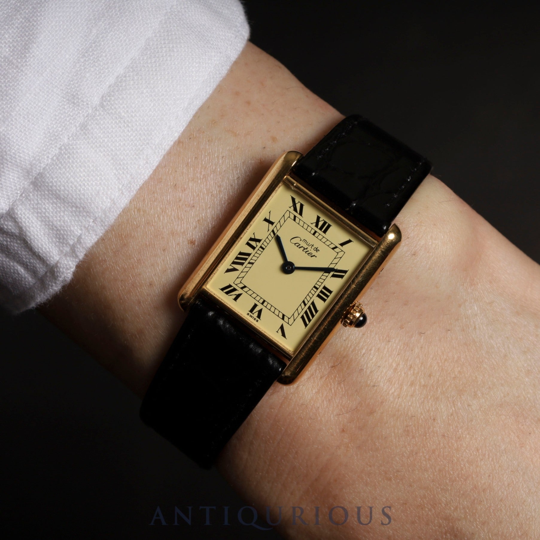 Cartier Must Tank LM 590005 Quartz Cal.90 SV925 Leather Genuine Buckle (GP) Ivory Roman Dial Overhauled