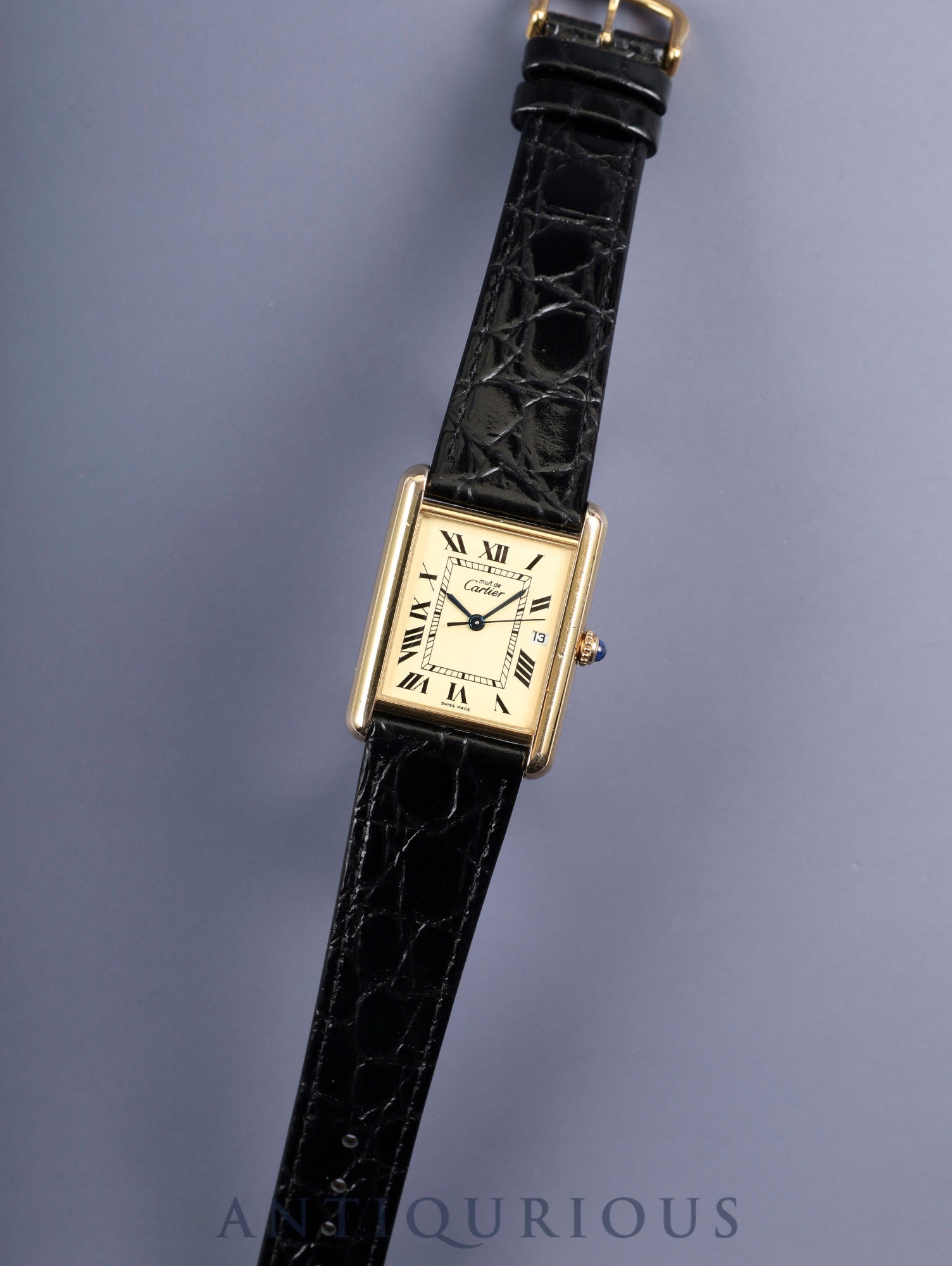 Cartier Must Tank GM (XL) 2413 Quartz Caliber 687 SV925 Leather Strap with Genuine GP Buckle, Ivory Roman Dial (SWISS MADE Marking), Overhauled