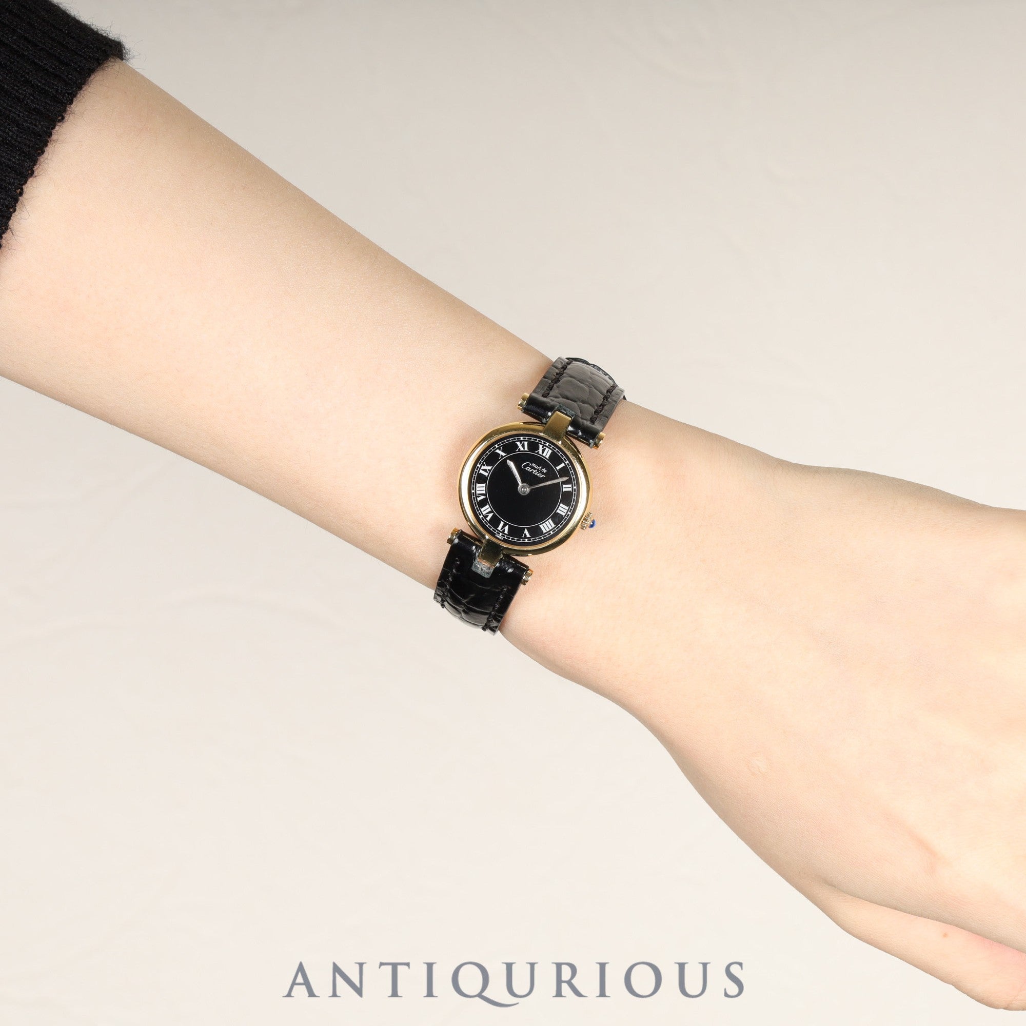 Cartier Must Vendôme VLC SM Quartz Cal.81 SV925 Leather Strap with Genuine GP Buckle, Black Roman Dial, Overhauled