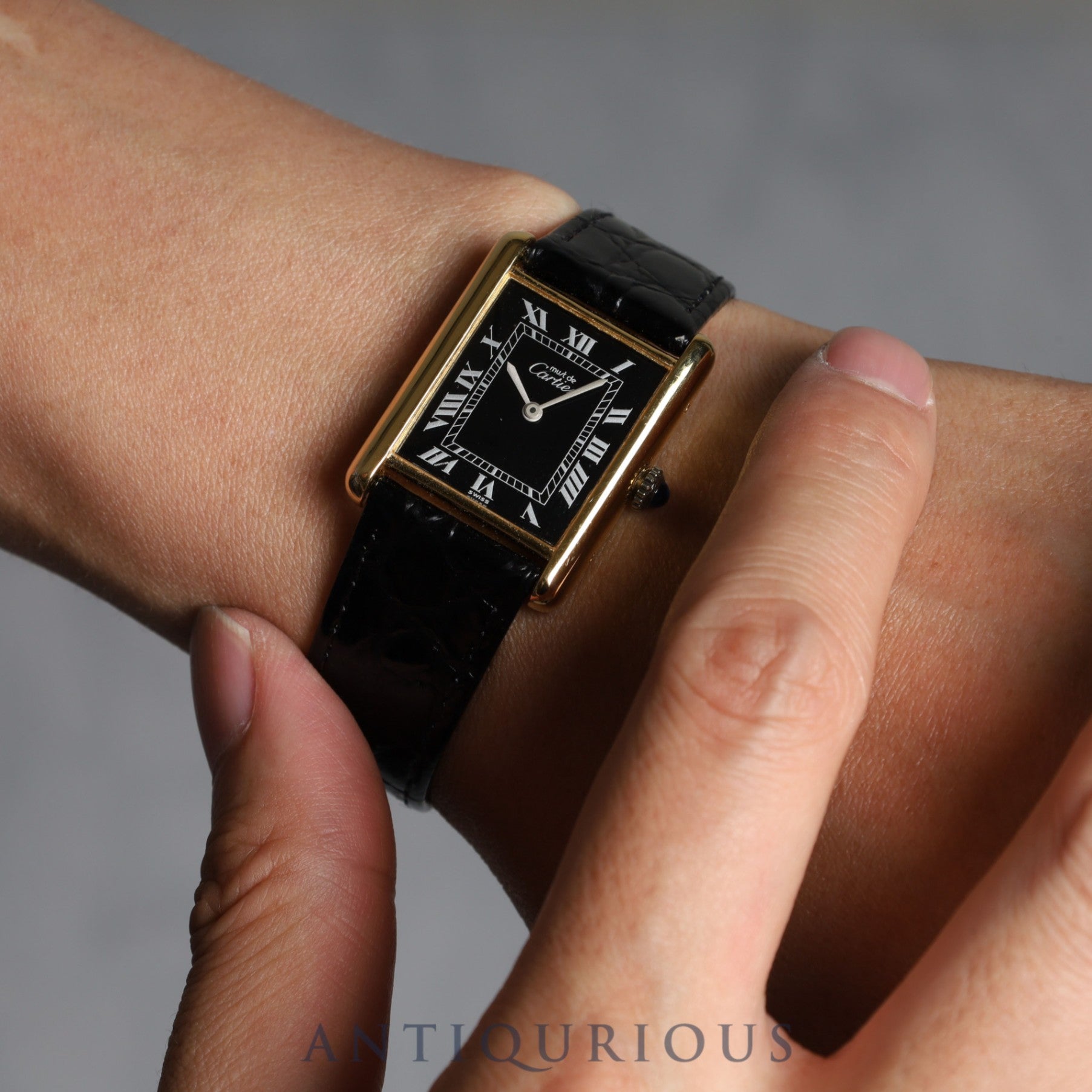 Cartier Must Tank LM Manual Winding Cal.78-1 925 Leather Black Roman Dial Overhauled Newly Finished