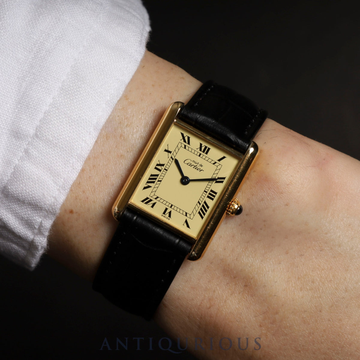 Cartier Must Tank LM 590005 Quartz Caliber 90 SV925 Leather Strap with Genuine GP Buckle Ivory Roman Dial Box and Booklet Overhauled