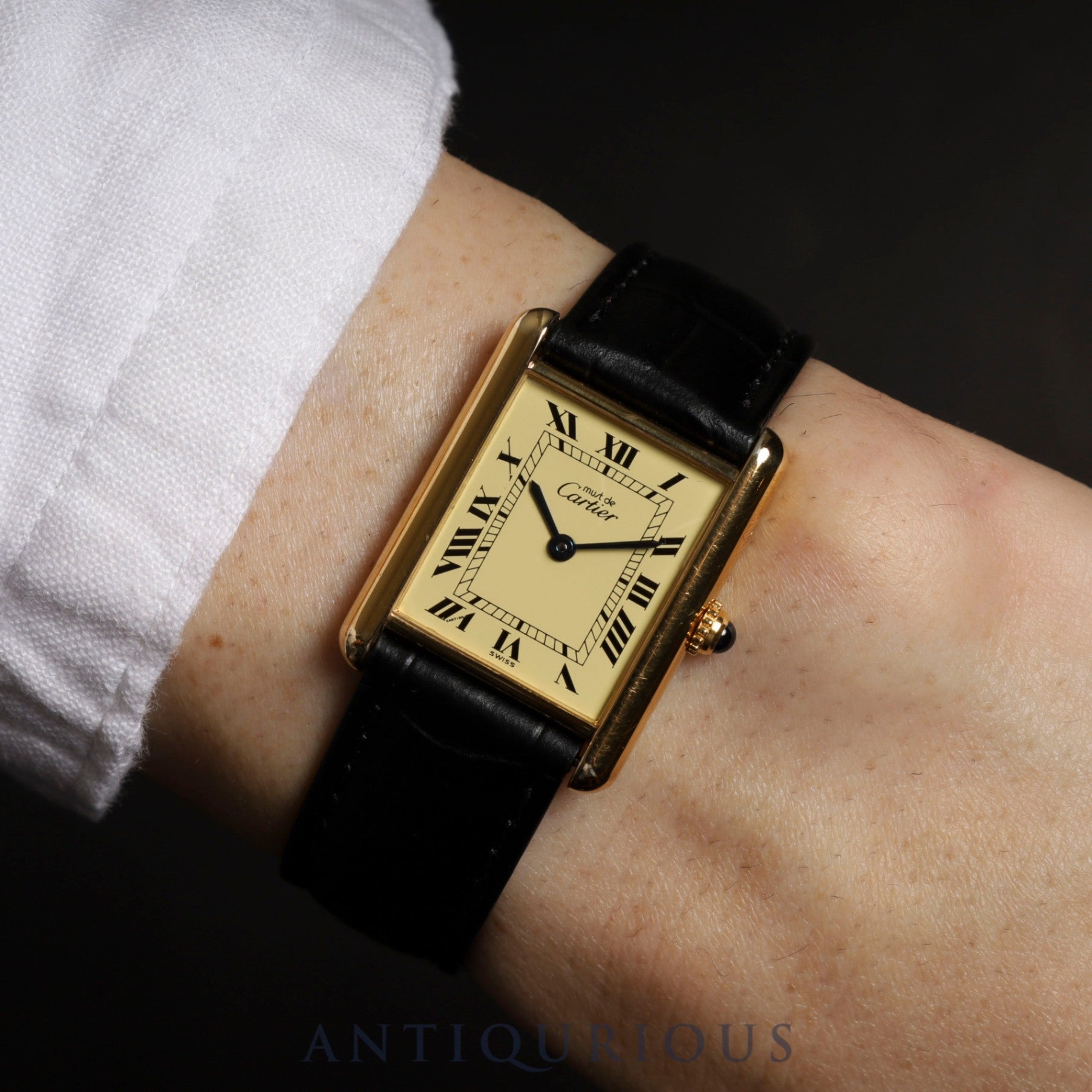 Cartier Must Tank LM 590005 Quartz Caliber 90 SV925 Leather Strap with Genuine GP Buckle Ivory Roman Dial Box and Booklet Overhauled