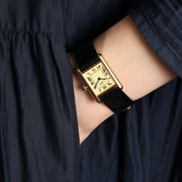 Cartier Must Tank SM 1613 Quartz Cal.057 SV925 Leather Genuine Buckle (GP) Ivory Dial Box Booklet Overhauled