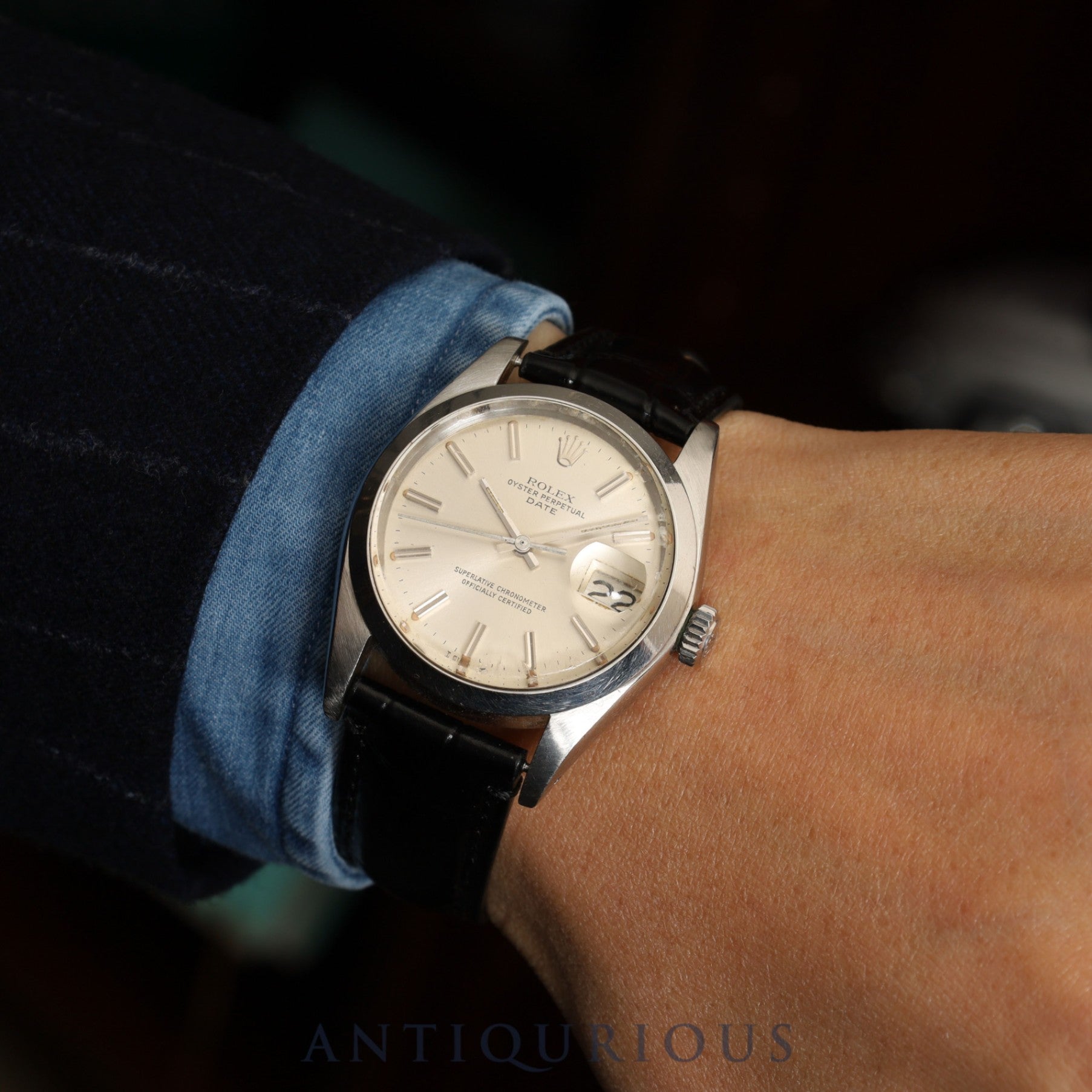 ロレックス オイスターパーペチュアルデイト 1500 自動巻き Cal.1570 SS 革 社外尾錠(SS)シルバー文字盤 36mm 53番台(1977年)オーバーホール済み