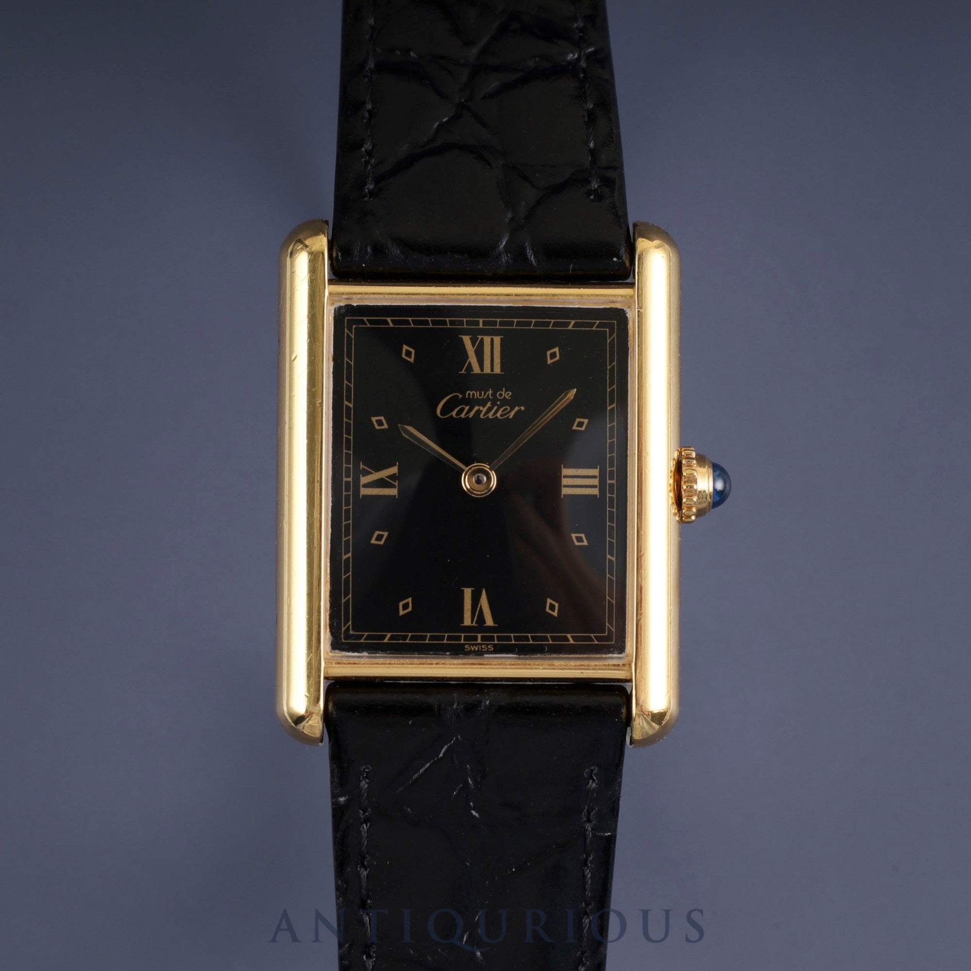 カルティエ マストタンク LM 590005 クォーツ Cal.90 SV925 革 純正尾錠(GP) ブラック飛びローマン文字盤 オーバーホール済み 新品仕上げ済み