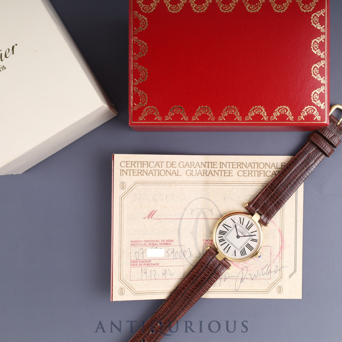 Cartier Must Vendôme VLC LM 590003 Quartz Caliber 90 SV925 Leather Strap with Genuine GP Buckle, Opalescent Dial, Box, Warranty Card (1992) and Booklet, Overhauled