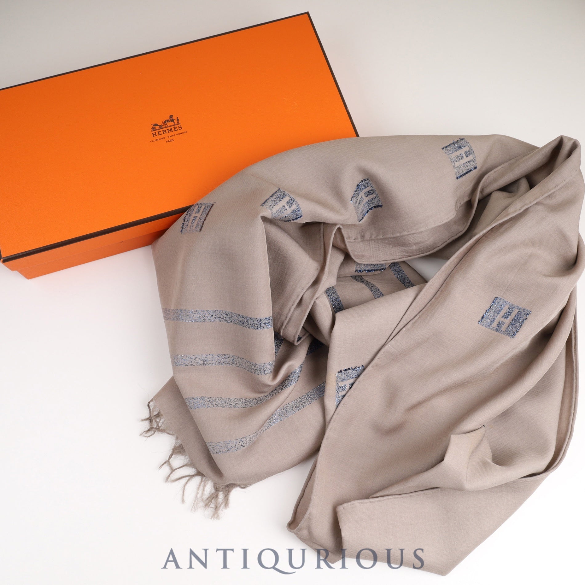 Hermes scarf with H logo, beige, blue glitter, box