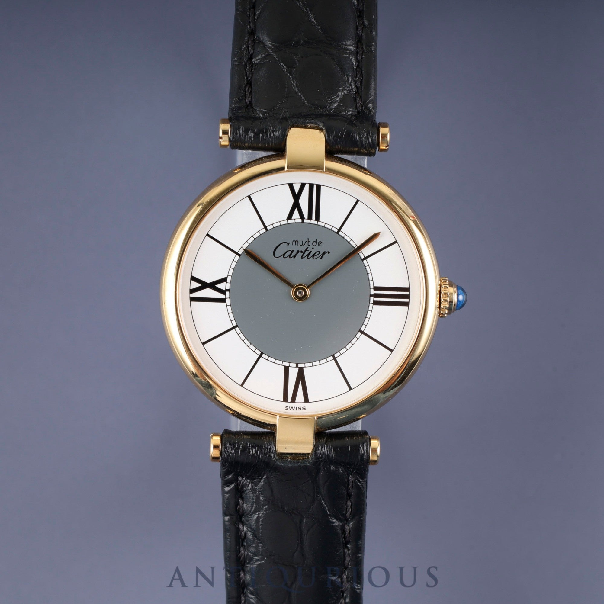 カルティエ マスト ヴァンドーム VLC LM 590003 クォーツ Cal.90 SV925 革 純正Dバックル(GP) センターグレー飛びローマン文字盤 オーバーホール済み