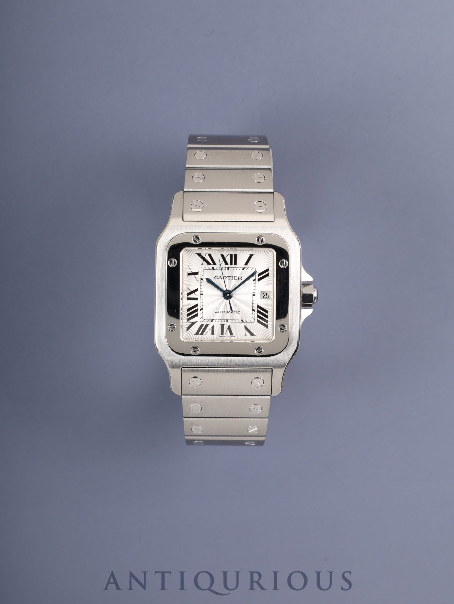 Cartier Santos Galbee LM 2319 Automatic Stainless Steel Watch with Silver Guilloche Dial, Box, Booklet, Warranty Card, Complete Serviced at a Cartier Boutique