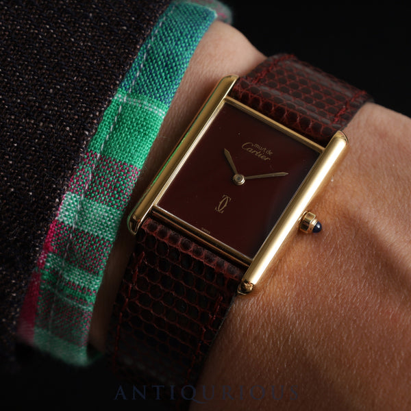 Cartier Must Tank LM 6 81006 Quartz Caliber 81 SV925 with Genuine Leather Strap and Genuine GP Buckle, Garnet Dial, Bordeaux Dial, Circa 1982-1995, Overhauled