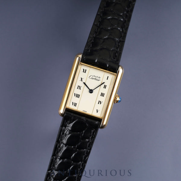 Cartier Must Tank LM 590005 Quartz Cal.690 SV925 Leather Genuine Buckle (GP) Straight Roman Dial Overhauled