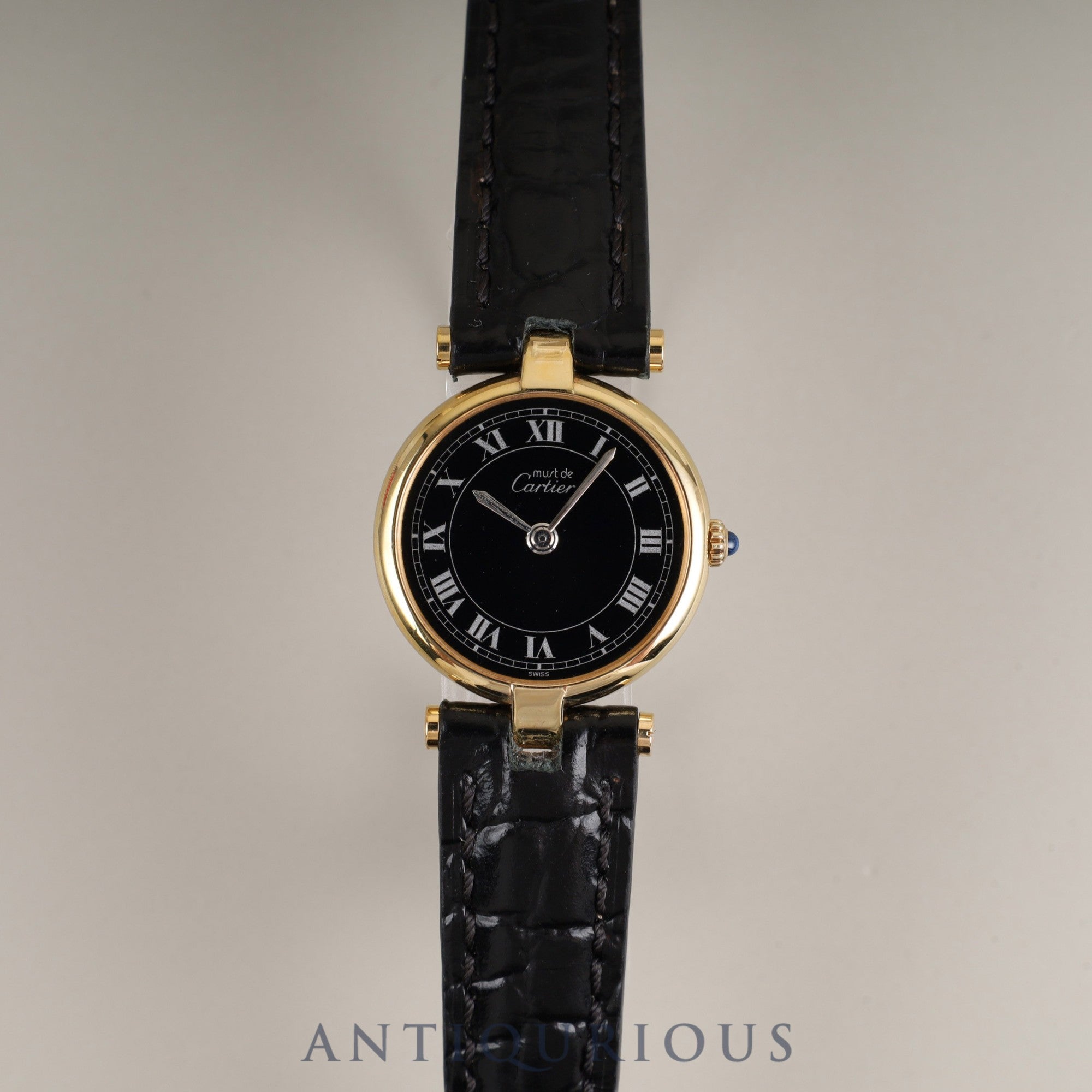 Cartier Must Vendôme VLC SM Quartz Cal.81 SV925 Leather Strap with Genuine GP Buckle, Black Roman Dial, Overhauled