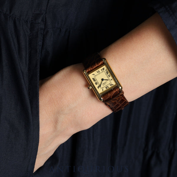 Cartier Must Tank SM 3 66001 Quartz Leather Strap with Genuine GP Buckle, Ivory Roman Dial, Cartier Boutique Complete Service (Full Maintenance)