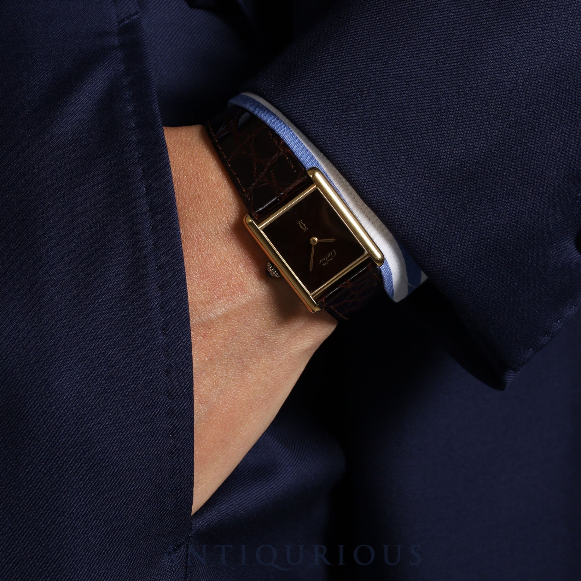 カルティエ マストタンク LM 手巻き Cal.78-1 SV925 革 純正尾錠(GP)マホガニー文字盤 オーバーホール済み