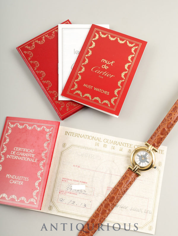 Cartier Must Colisee W1006654 / 590002 Quartz Caliber 90 SV925 Leather Strap with Genuine D-buckle (GP) Gray Roman Dial with Center Drop, Booklet, Warranty Card (1991) Overhauled