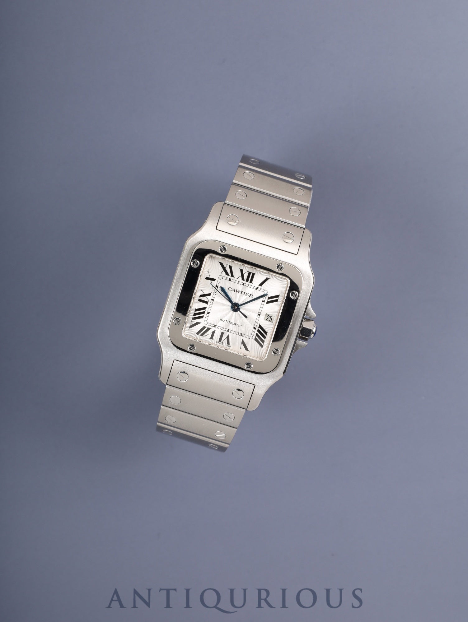 Cartier Santos Galbee LM 2319 Automatic Stainless Steel Watch with Silver Guilloche Dial, Box, Booklet, Warranty Card, Complete Serviced at a Cartier Boutique