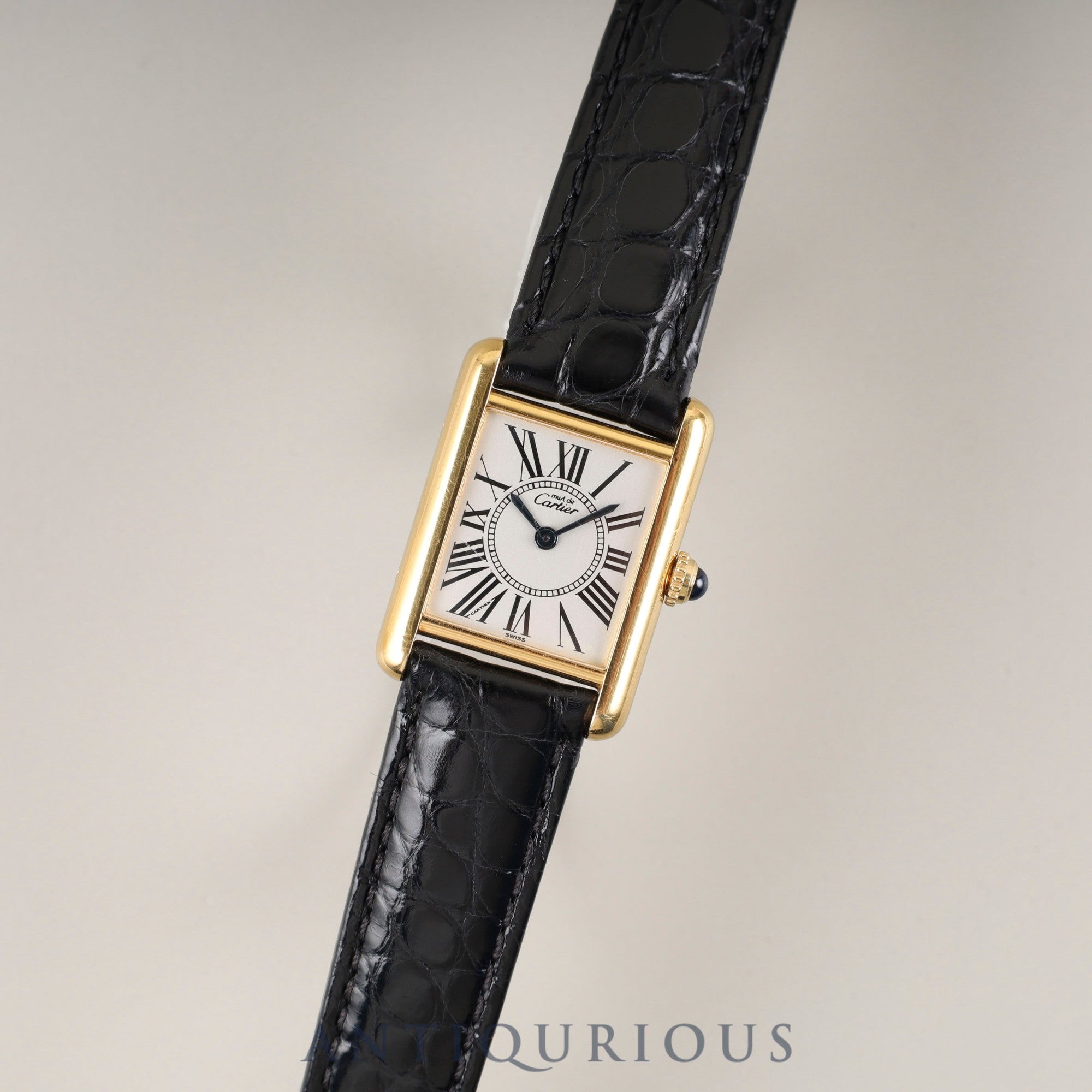 Cartier Must Tank SM W1005554 / 5057001 Quartz Caliber 057 SV925 Leather Genuine D-buckle (GP) Opalescent Dial Circa 1982-1995 Box Case Booklet Overhauled