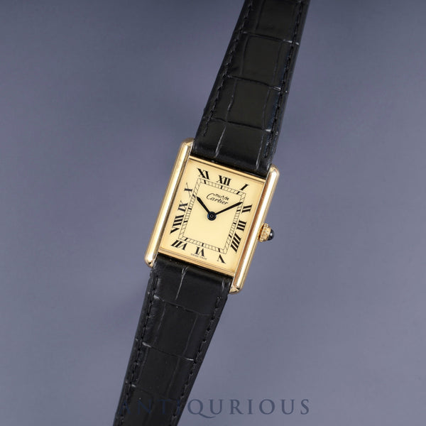 Cartier Must Tank LM 1615 Quartz Movement, SV925 Leather, Genuine GP Buckle, Ivory Roman Dial, Completely Serviced at a Cartier Boutique