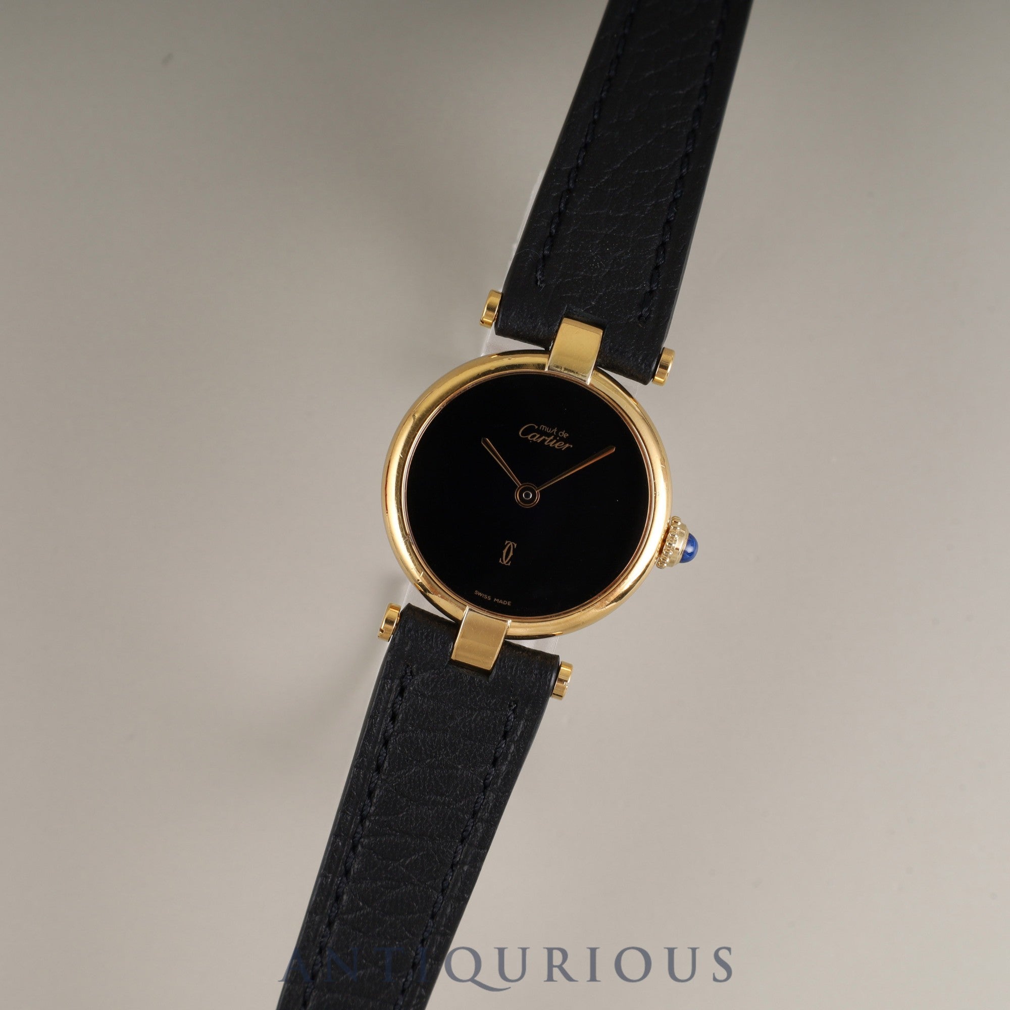 Cartier Must Vendôme VLC SM Quartz SV925 Leather Genuine Buckle (GP) Onyx Dial Box Booklet Tag Warranty (1985) Completely serviced at a Cartier boutique
