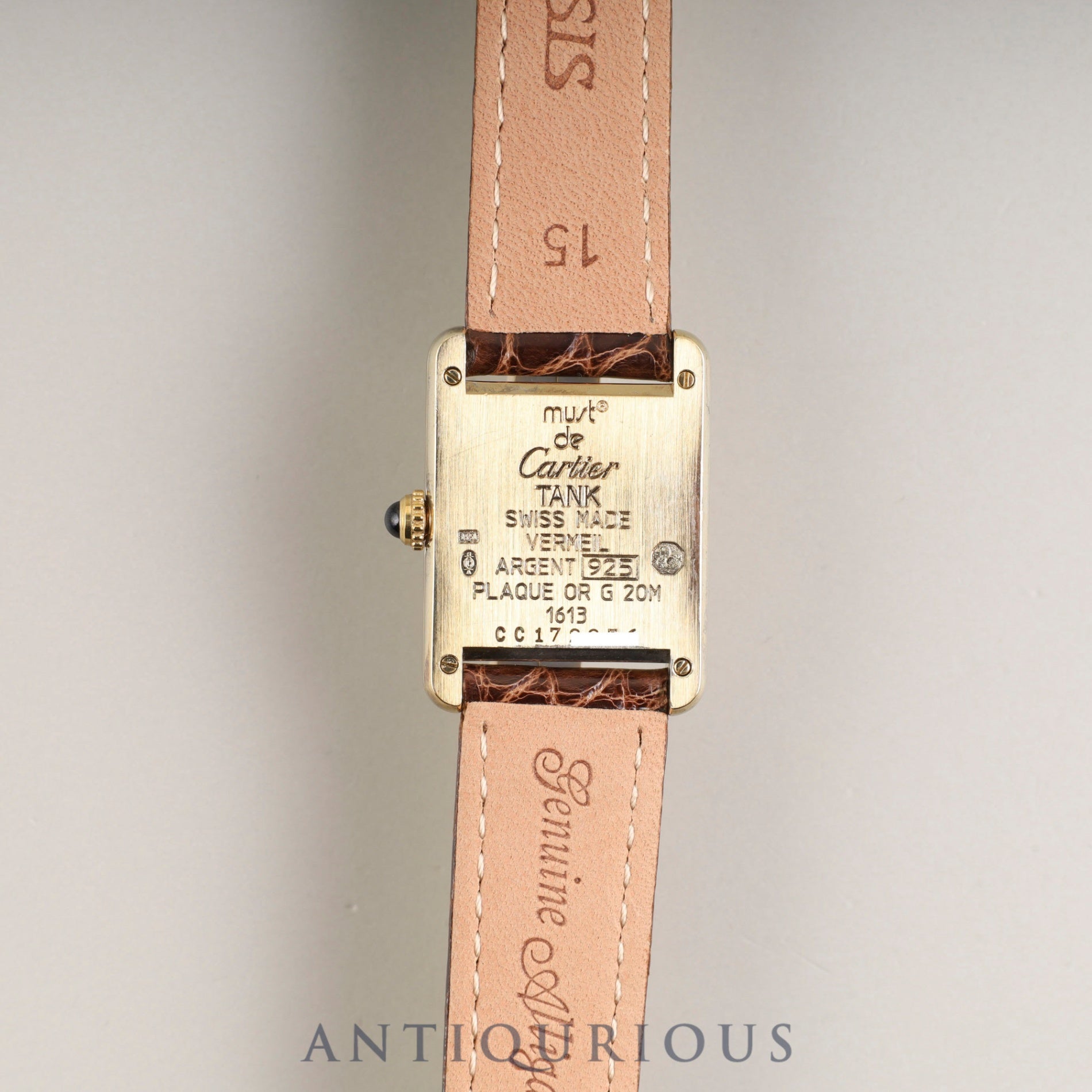 Cartier Must Tank SM W1005554 / 1613 Quartz Caliber - SV925 Leather Strap with Genuine D-Clasp (GP) Opalescent Dial Circa 1996-1998 Completely serviced at a Cartier boutique