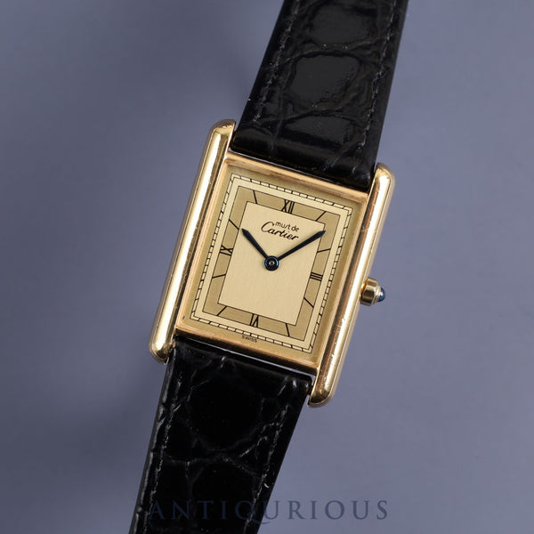 Cartier Must Tank LM 681006 Quartz Cal.81 SV925 Leather Genuine Buckle (GP) Champagne Flying Roman Dial Overhauled Newly Finished