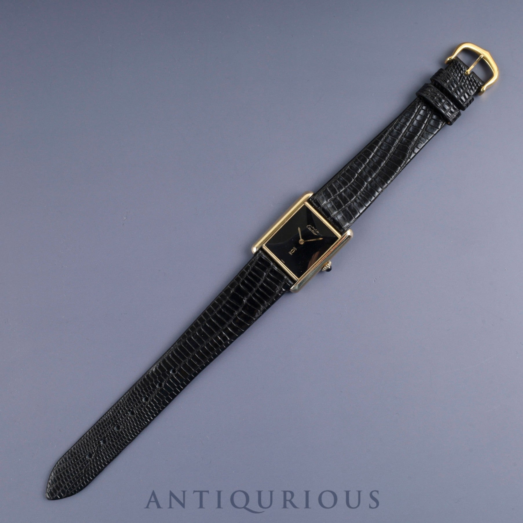 Cartier Must Tank LM Manual Winding Caliber 78-1 SV925 Leather Strap with Genuine GP Buckle, Onyx Dial, Circa 1976-1981, Overhauled