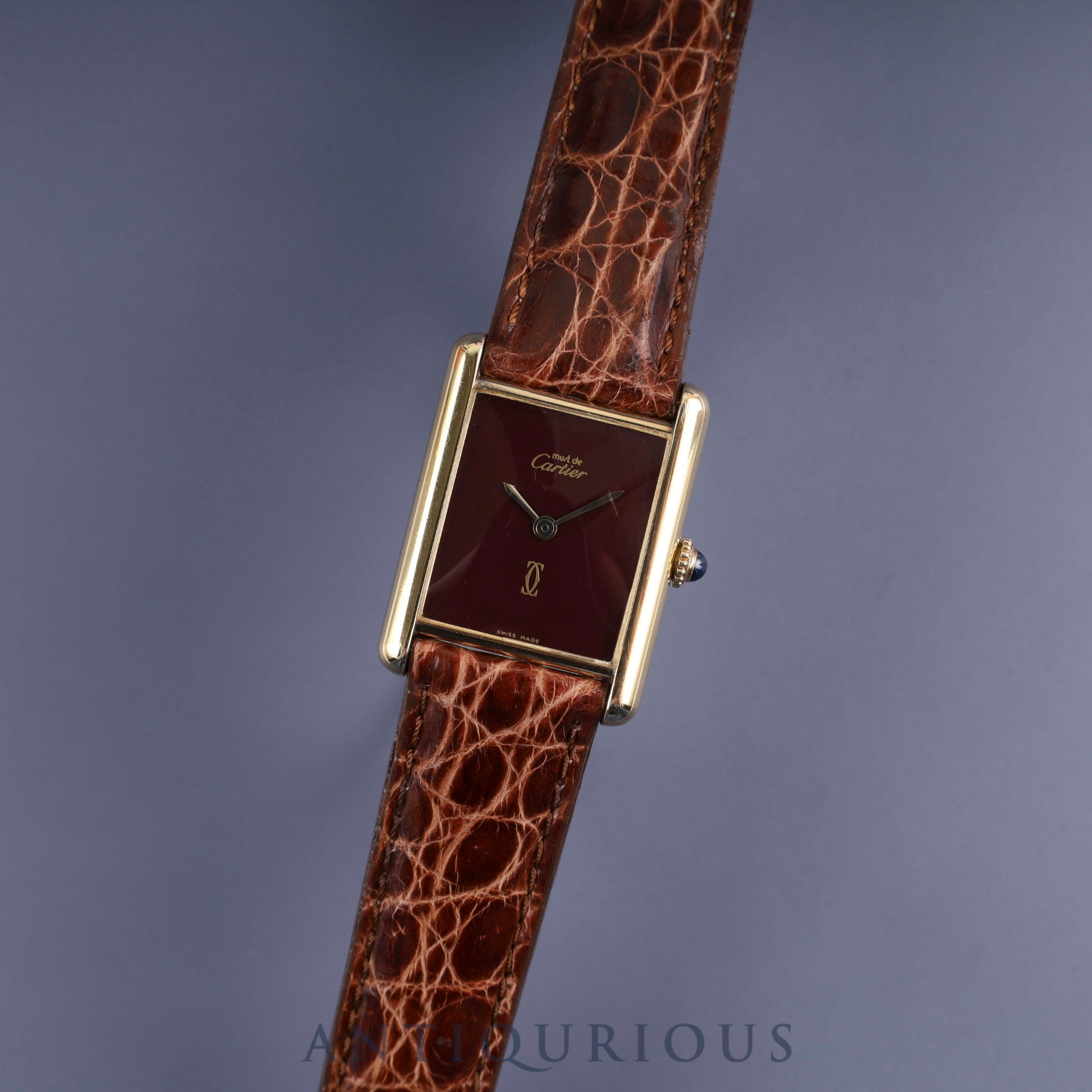 Cartier Must Tank LM Manual Winding Caliber 78-1 SV925 Leather Strap with Genuine GP Buckle, Garnet Dial, Bordeaux Dial, Overhauled