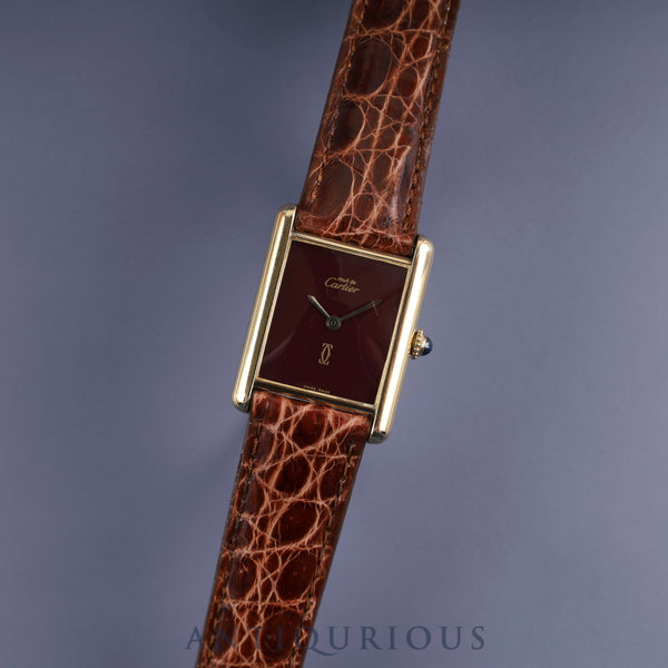 Cartier Must Tank LM Manual Winding Caliber 78-1 SV925 Leather Strap with Genuine GP Buckle, Garnet Dial, Bordeaux Dial, Overhauled