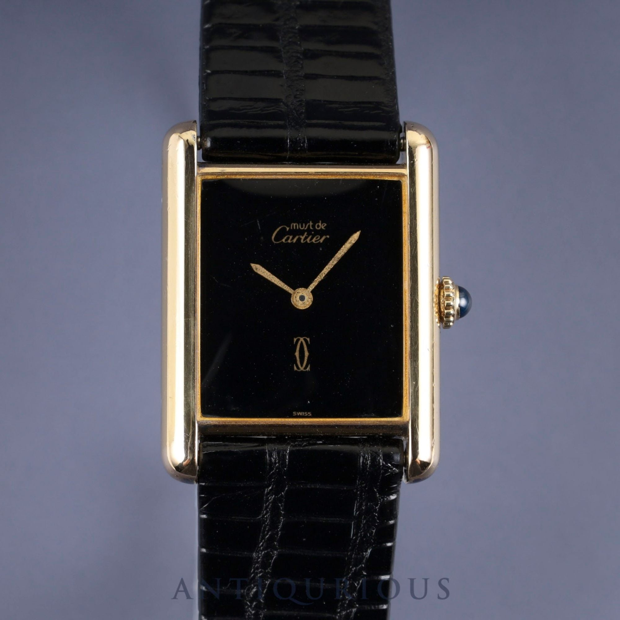 Cartier Must Tank LM Manual Winding Cal. 78-1 SV925 Leather Strap Genuine Buckle (GP) Onyx Dial Box Overhauled
