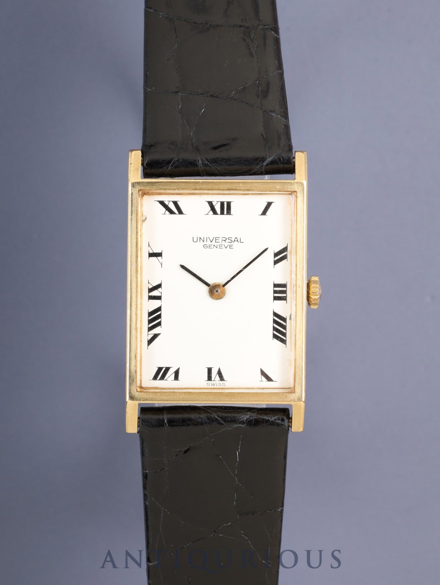 Universal Genève Rectangular Hand-Wound Cal.42 750YG Leather Strap with Genuine GP Buckle, White Roman Dial, Overhauled