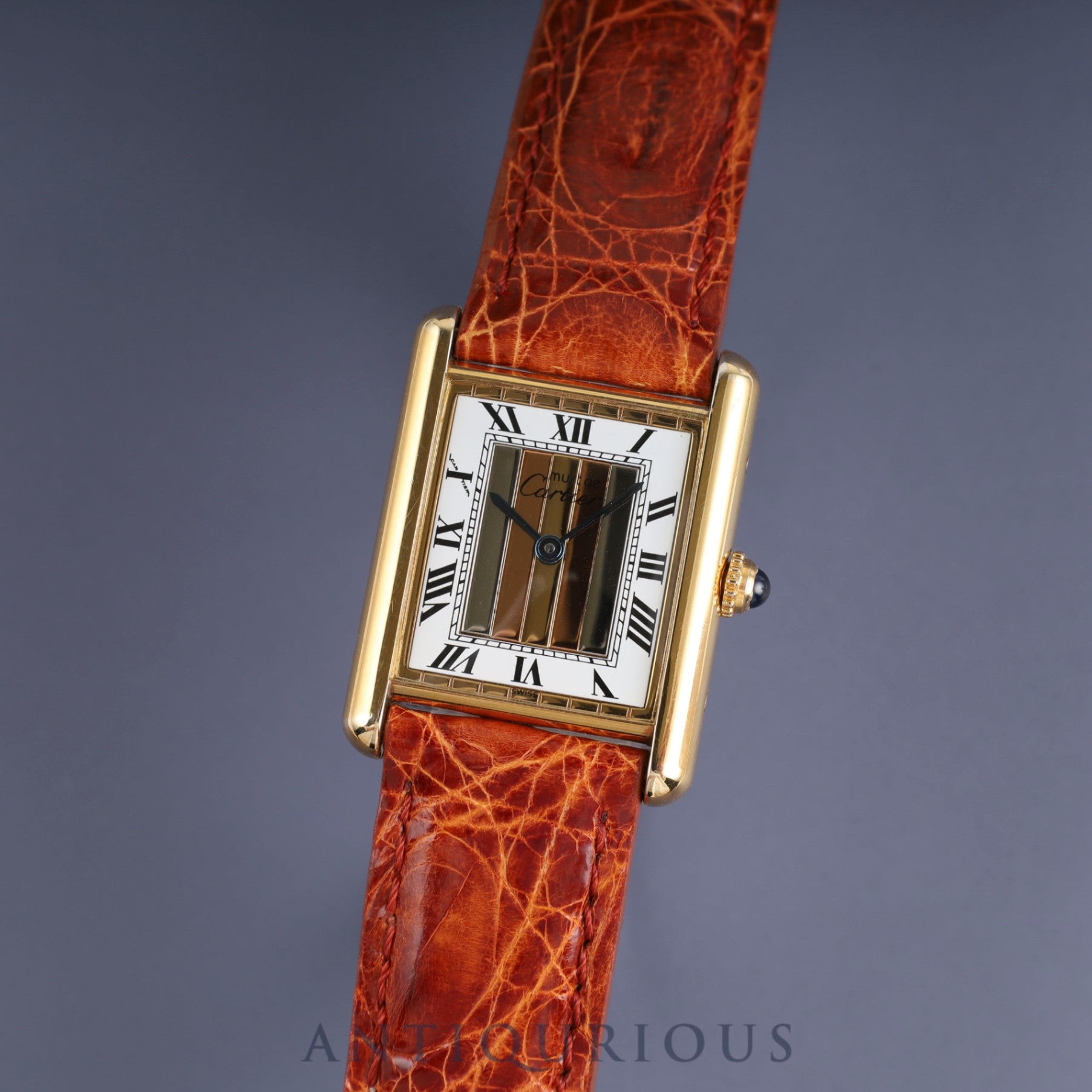 Cartier Must Tank LM 590005 Quartz Caliber 690 SV925 Leather Strap with Genuine GP Buckle, Front Trinity Dial, Overhauled