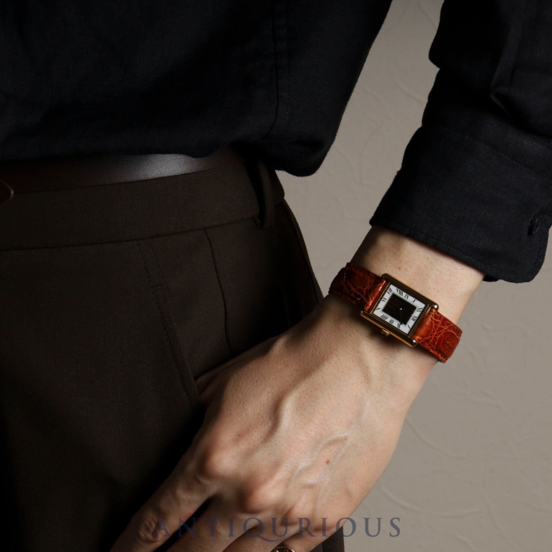 Cartier Must Tank LM 590005 Quartz Caliber 690 SV925 Leather Strap with Genuine GP Buckle, Front Trinity Dial, Overhauled
