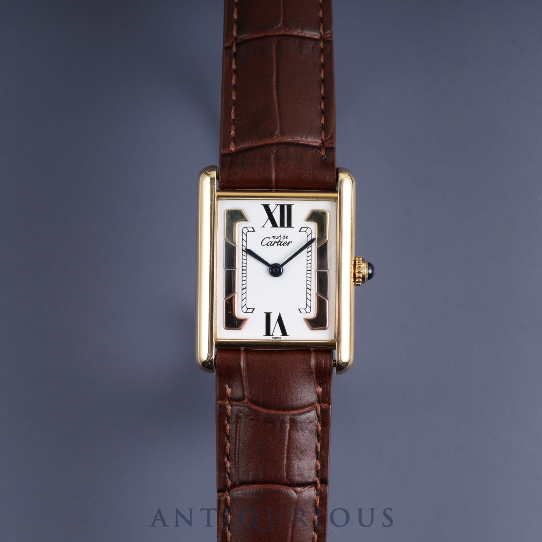 CARTIER MUST TANK LM 1615 Quartz Cal.90 SV925 Leather Genuine D-buckle (GP) Trinity dial Overhauled
