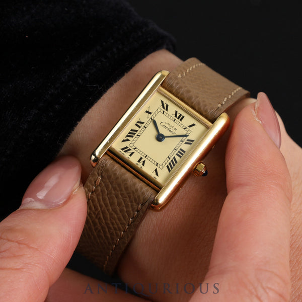 Cartier Must Tank SM 366001 Quartz Cal.66 SV925 Leather Genuine Buckle (GP) Ivory Roman Dial Overhauled and Finished to Like New