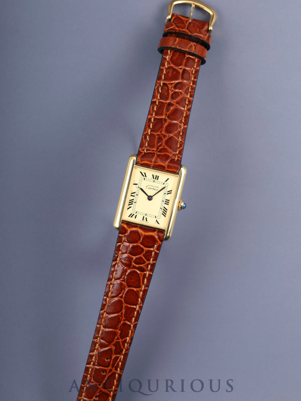Cartier Must Tank LM 590005 Quartz Caliber 690 SV925 Leather Strap with Genuine GP Buckle Ivory Roman Dial (SWISS MADE Marking) Overhauled and Finished to Like New