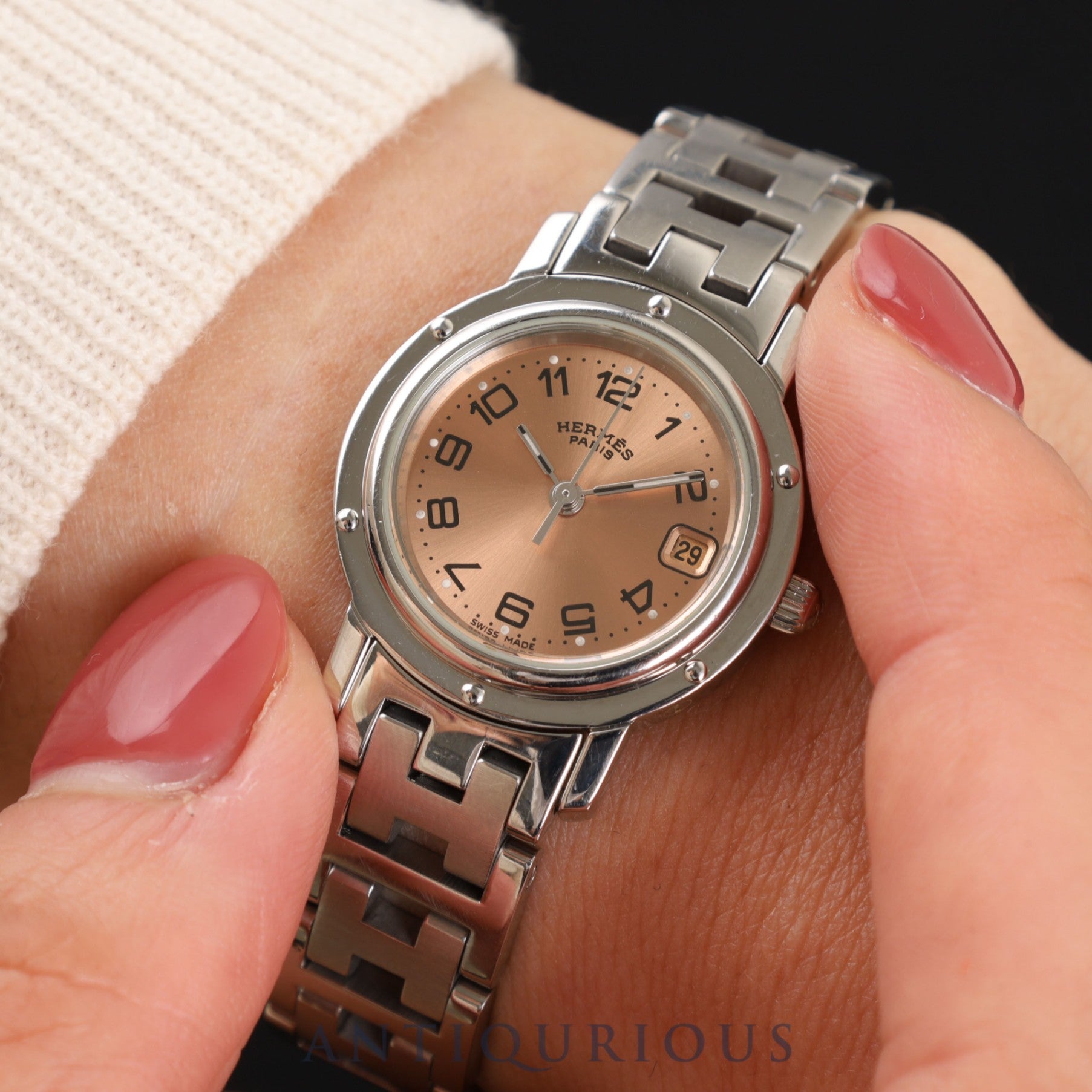 エルメス クリッパー CL4.210 クォーツ SS SS ピンク文字盤 23.8mm オーバーホール済み