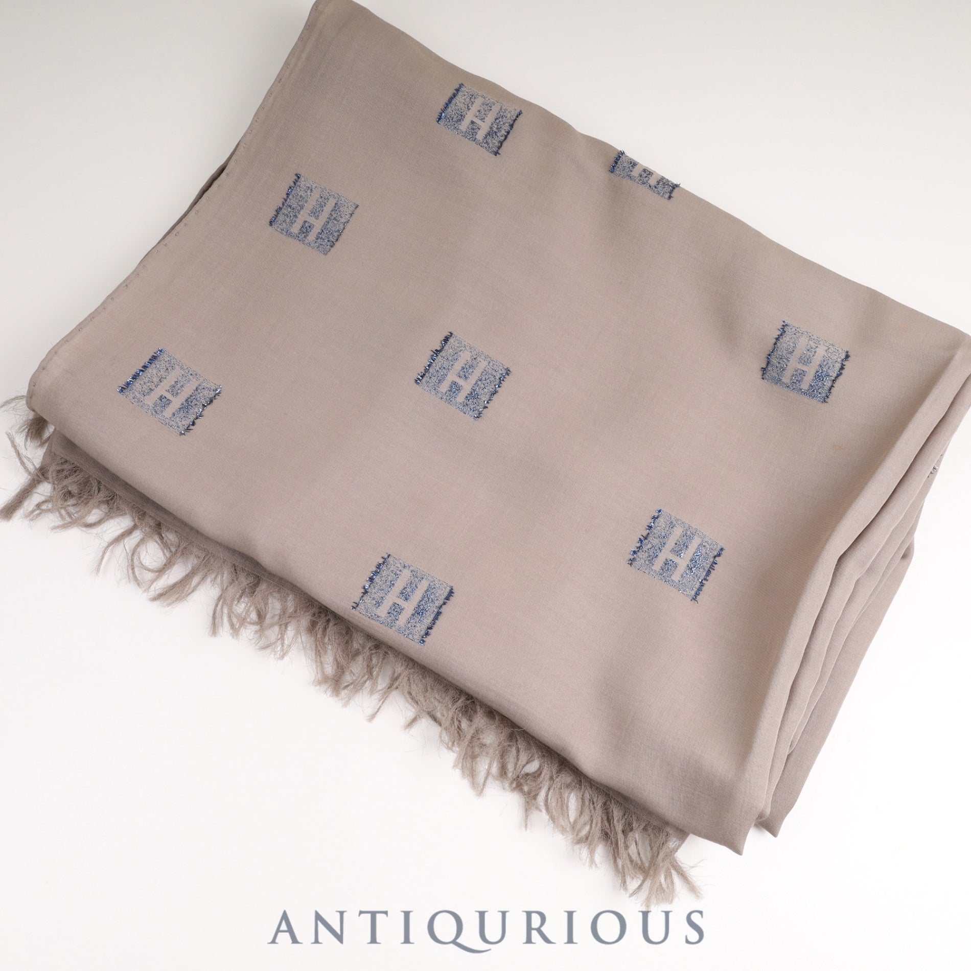 Hermes scarf with H logo, beige, blue glitter, box