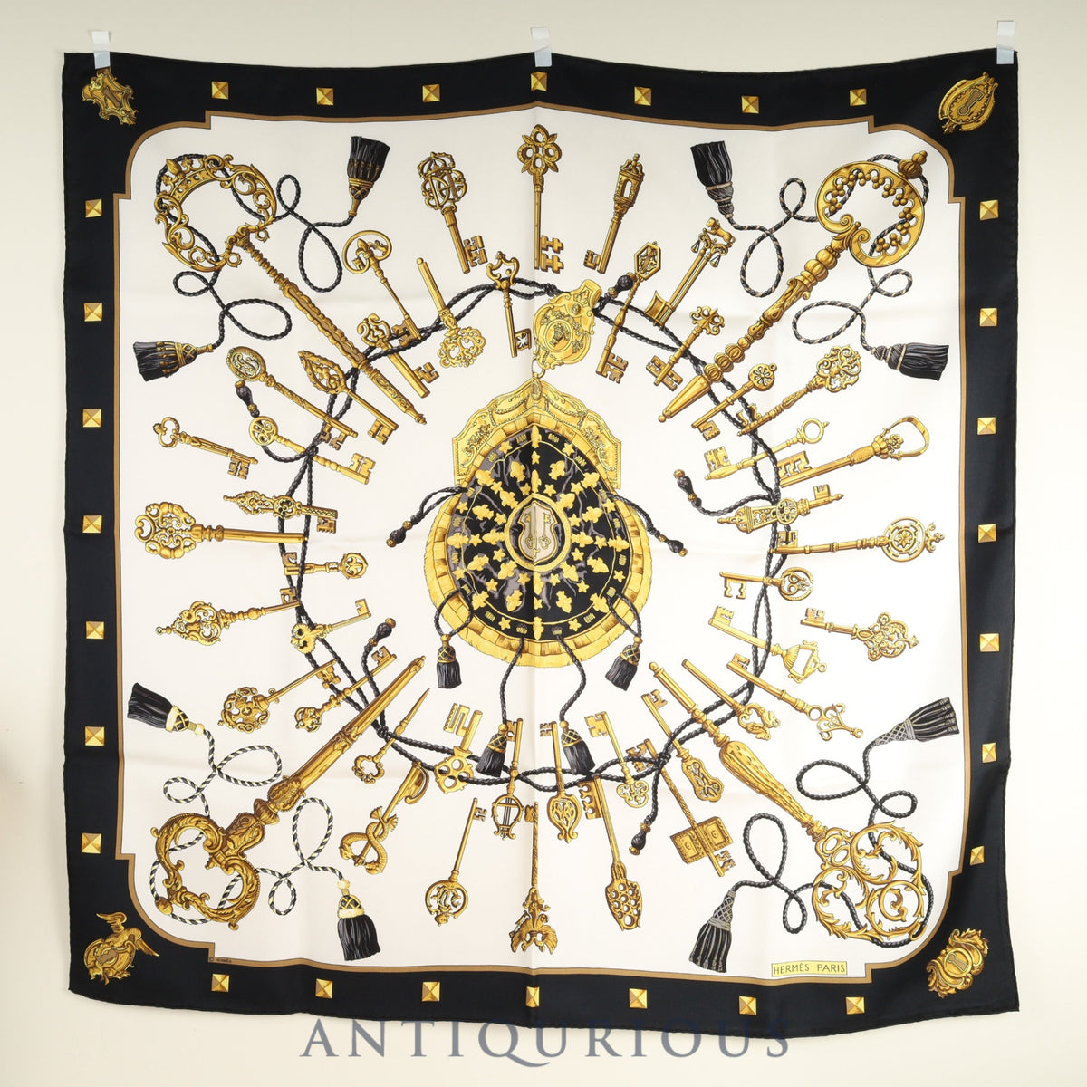 エルメス スカーフ カレ90 LES CLES 鍵 箱 SILK100%