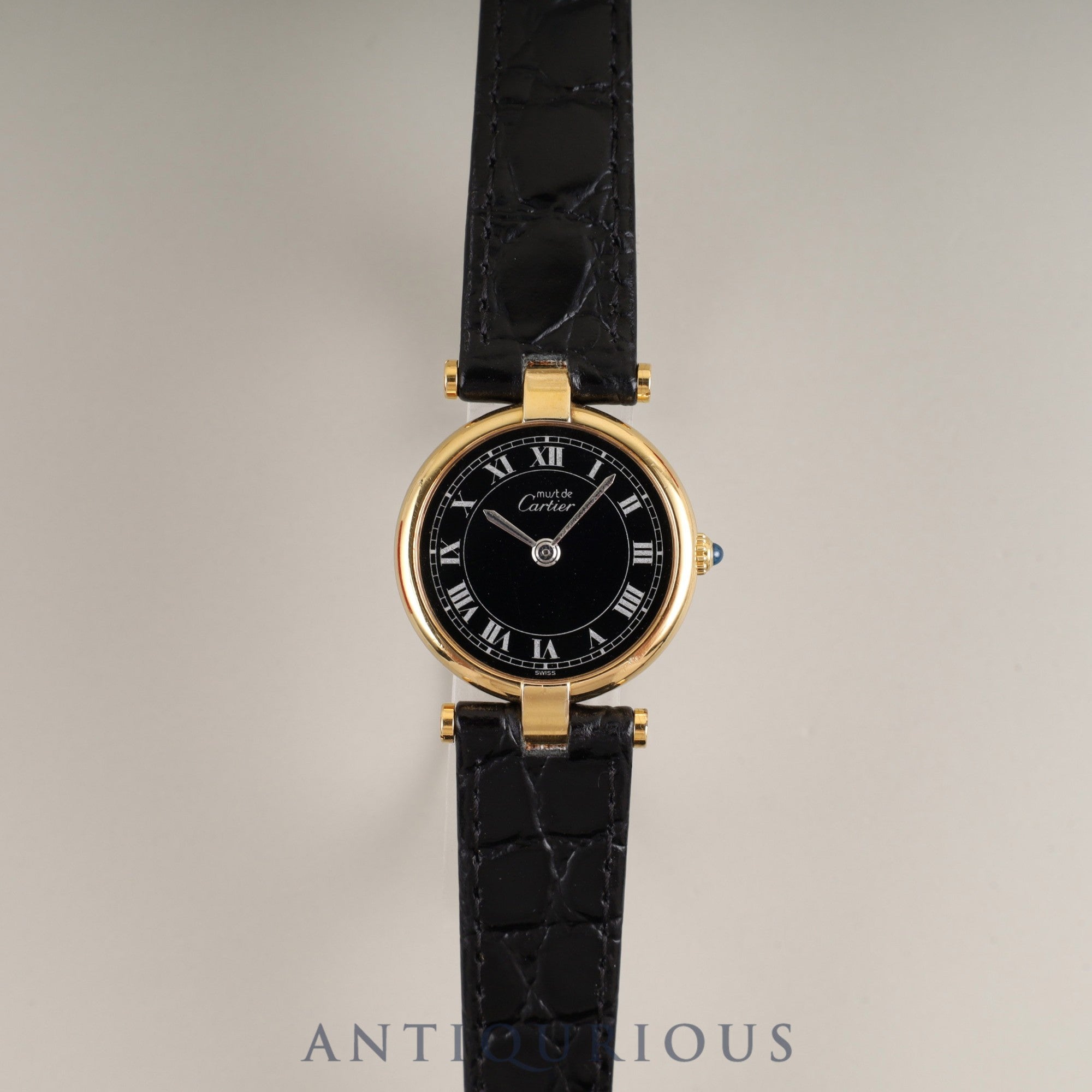 Cartier Must Vendôme VLC SM 18 Quartz Cal.81 SV925 Leather Strap with Genuine GP Buckle, Black Roman Dial, Box, Overhauled