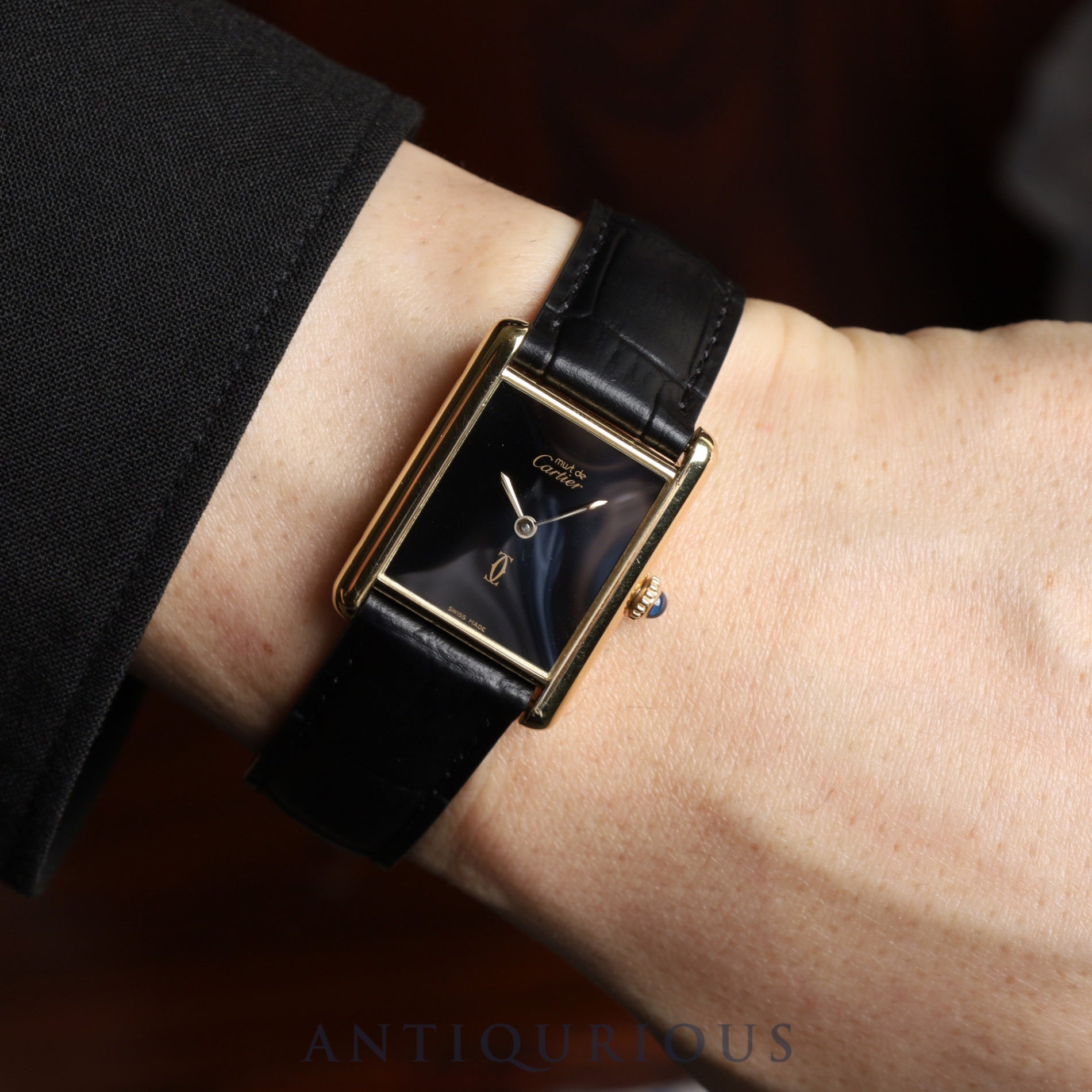 Cartier Must Tank LM, manual winding, Cal. 78-1, SV925, leather, genuine D-buckle (GP), black onyx dial, complete service (full maintenance) completed at a Cartier boutique.