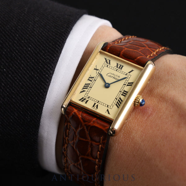 Cartier Must Tank LM 590005 Quartz Cal.90 SV925 Leather Genuine Buckle (GP) Ivory Roman Dial Overhauled