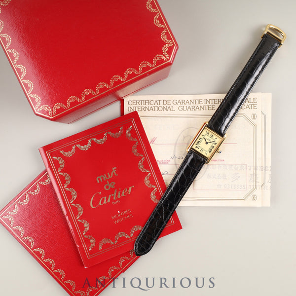 Cartier Must Tank SM W1003154 / 1613 Quartz Cal.057 SV925 Leather Genuine D-buckle (GP) Ivory Roman Dial Box Booklet Warranty (1997) Overhauled