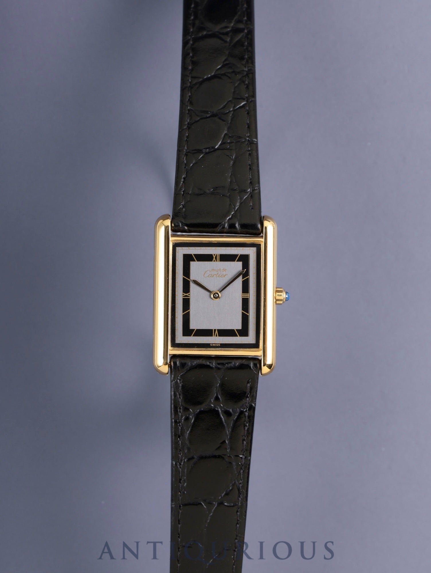 カルティエ マストタンク LM 681006 クォーツ Cal.81 SV925 革 純正尾錠(GP)グレー飛びローマン文字盤(SWISS表記)オーバーホール済み