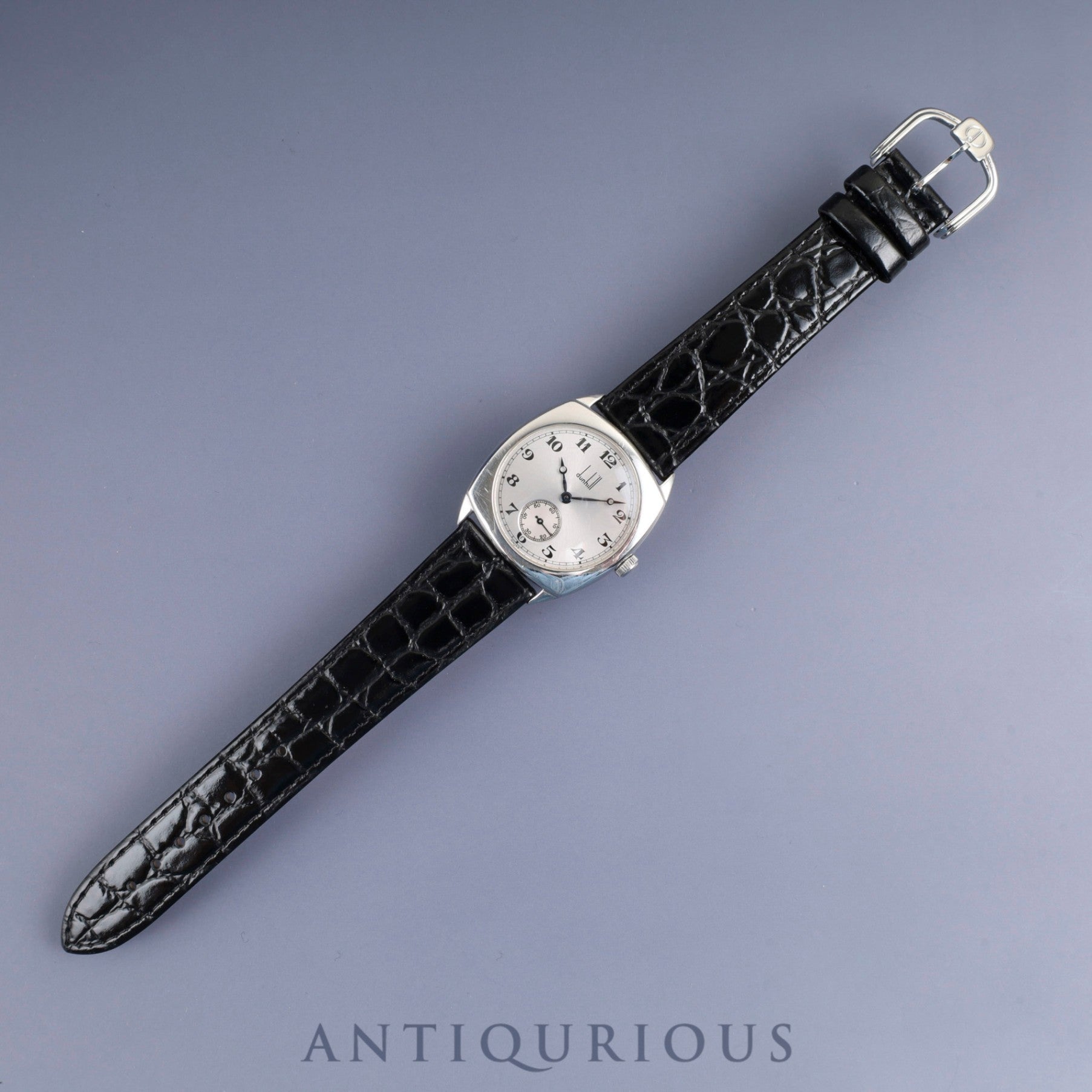 ダンヒル センテナリー クッションケース 115 手巻き Cal.7001 革 純正尾錠(SS)シルバーアラビア文字盤 箱 保証書(1996年)オーバーホール済み