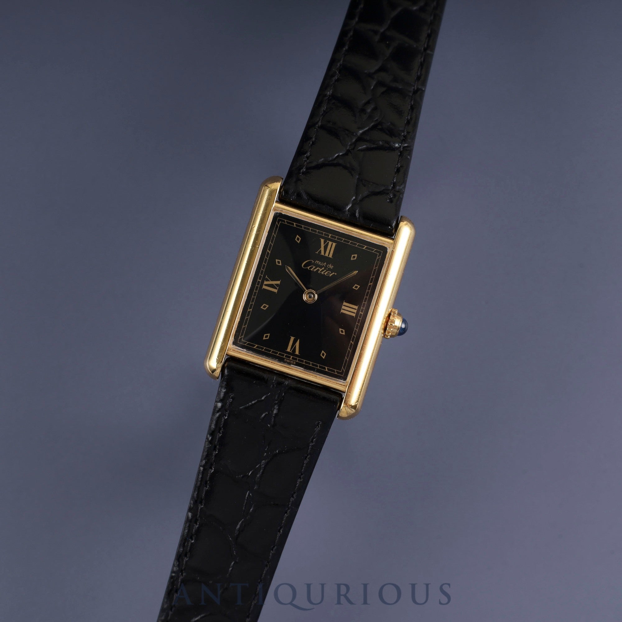 カルティエ マストタンク LM 590005 クォーツ Cal.90 SV925 革 純正尾錠(GP) ブラック飛びローマン文字盤 オーバーホール済み 新品仕上げ済み