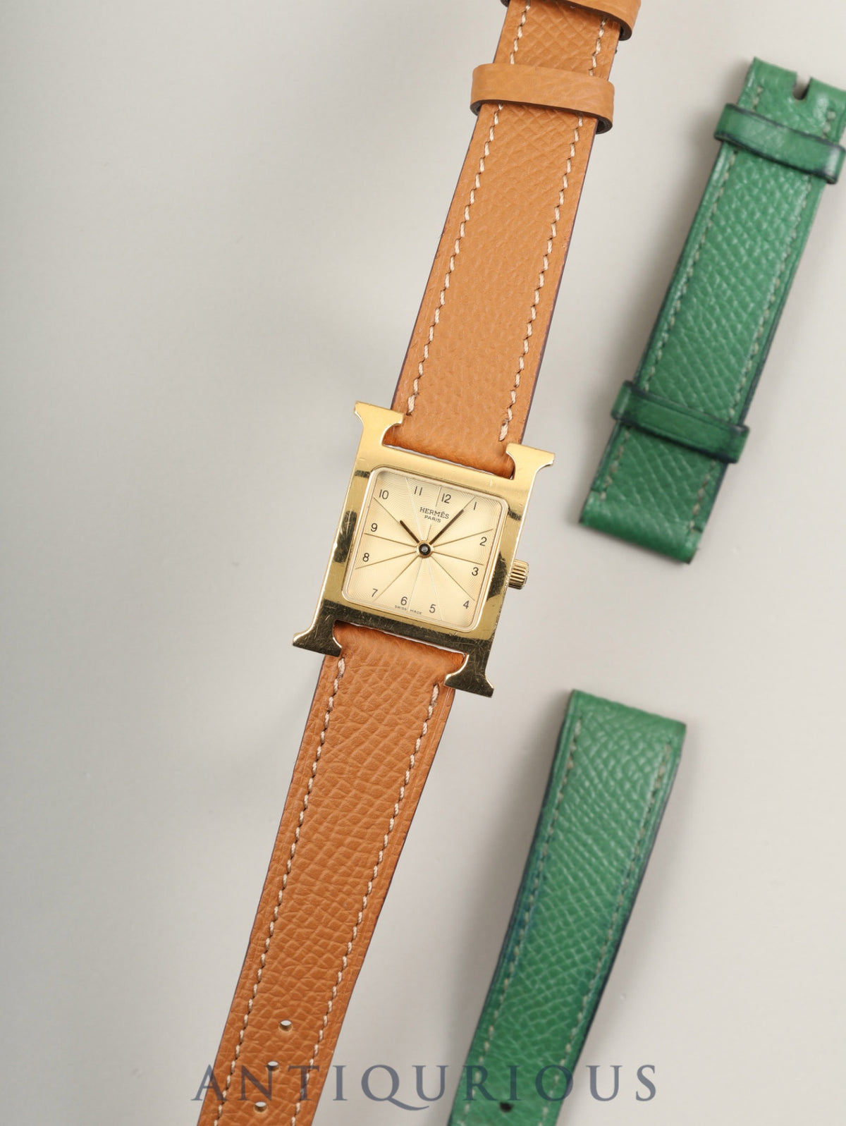 エルメス Hウォッチ HH1.210 クォーツ SS/GP 革 純正ピンバックル(GP)シャンパン文字盤 純正革ベルト(□A刻印:1997年)オーバーホール済み