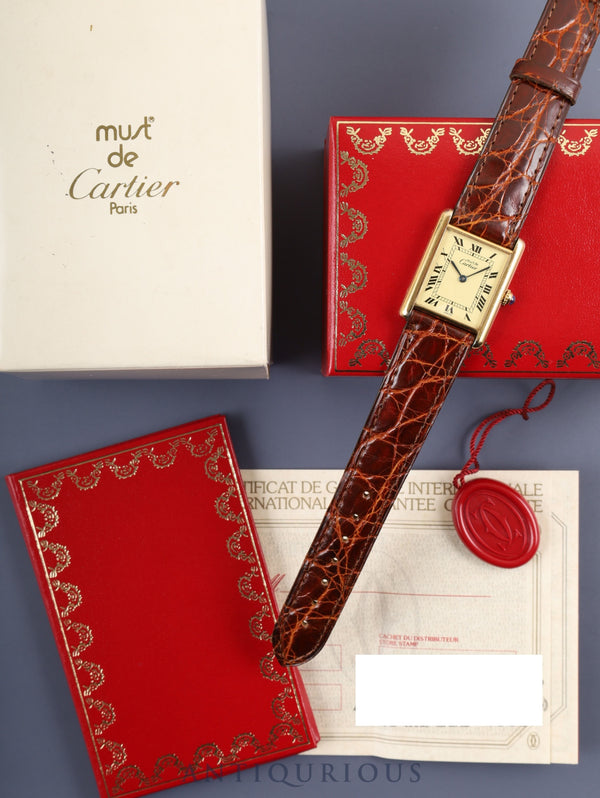Cartier Must Tank LM 590005 Quartz Cal.90 SV925 Genuine Leather Strap Genuine Buckle (GP) Ivory Roman Dial Box Booklet Warranty Tag Overhauled