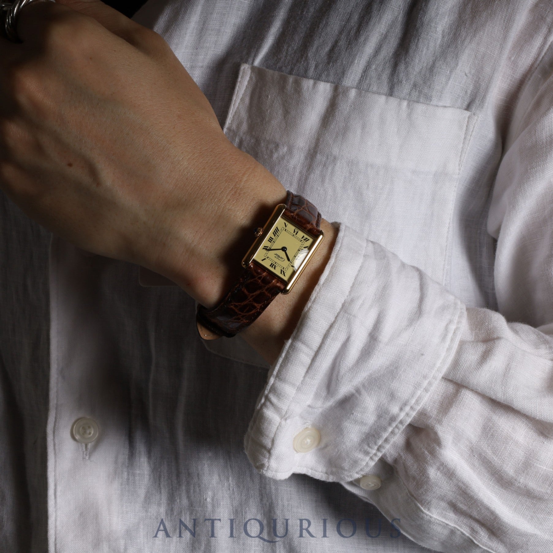 Cartier Must Tank LM 590005 Quartz Cal.90 SV925 Leather Genuine Buckle (GP) Ivory Roman Dial Overhauled