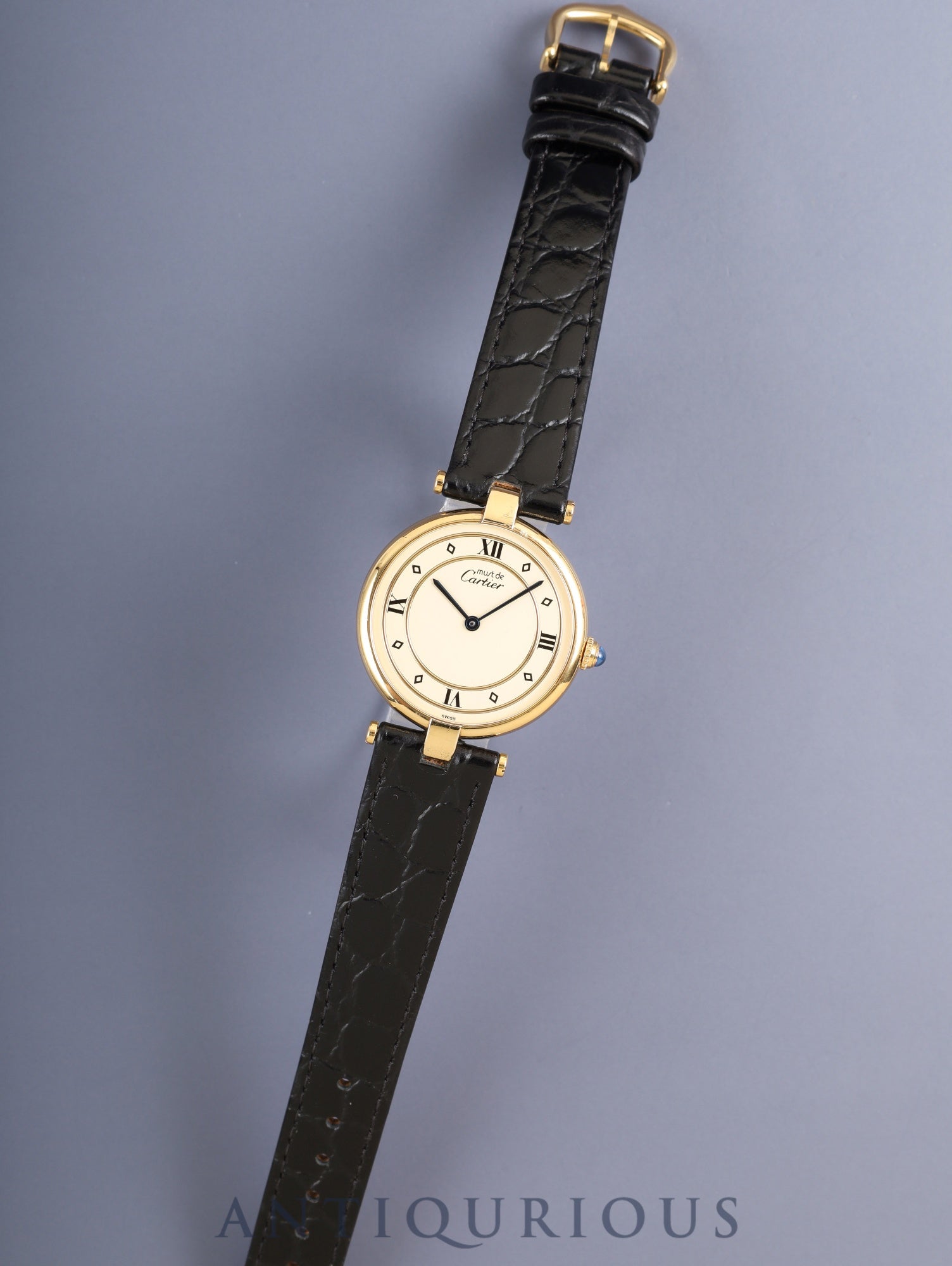 カルティエ マスト ヴァンドーム VLC LM 590003 クォーツ Cal.90 SV925 革 純正尾錠(GP)アイボリー4点ローマン文字盤 箱 保証書(1993年)オーバーホール済み